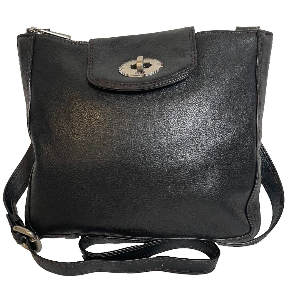 Fossil Long Live Vintage Crossbody Bag Black Cowhide Brass Hardware Medium
